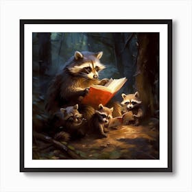 Mom Racoon Reading To Her Babies In The Forest Art Print