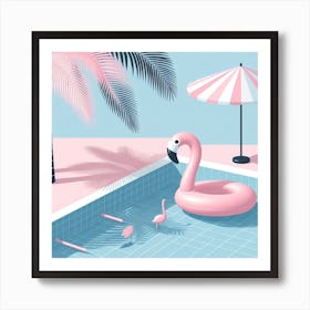 Poolcore: A Relaxing and Cozy Illustration of a Pool with a Palm Tree and a Pink Flamingo Float Art Print