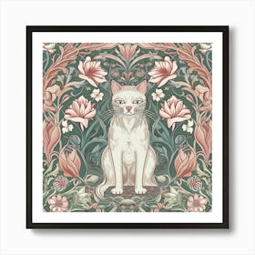 William Morris  Inspired  Classic Cats Sage And Pink Square Art Print