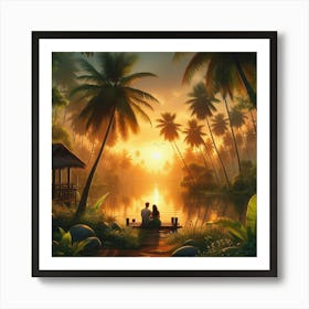 Couple Sitting On The Dock At Sunset Art Print