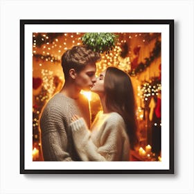 Couple Kissing In Front Of Christmas Lights Art Print