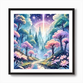 A Fantasy Forest With Twinkling Stars In Pastel Tone Square Composition 141 Art Print