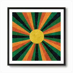 Retro Geometric Sunburst - Boho Sun Rays - Vintage Abstract Style - Bold Orange Green Yellow Textured Art Print