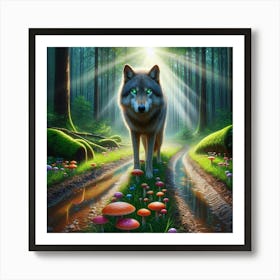 Wolfy looking for bioluminescent mushrooms 2 Art Print