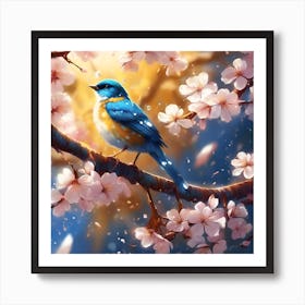 Blue Bird, Raindrops and Cherry Blossom Art Print