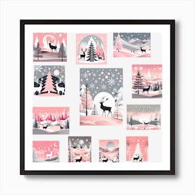 Deer In The Snow, Christmas Tree art, Christmas Tree, Christmas vector art, Vector Art, Christmas art, Christmas, pink and white, collage, collage art Art Print