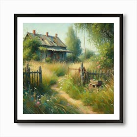 Old House And The Path Among The Grass In The Countryside, Acrylic Painting Style Art Print