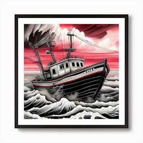 Fishing Boat Japanese Monochromatic Art Print