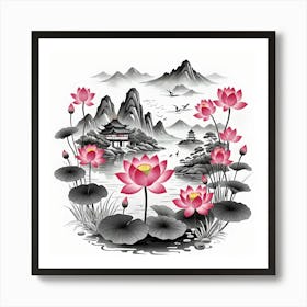 Chinese Landscape With Lotus Flowers, Pink, Black and White Art Print