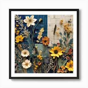 Collaged Flowers, wall art of Eclectic collage with vibrant dried flowers and textured backgrounds of fabric swatches, handwritten notes, and sheet music Art Print