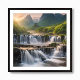 Beautiful natural landscape of waterfalls and mountains at dawn Art Print