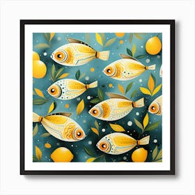 Yellow Fish On Blue Background Art Print