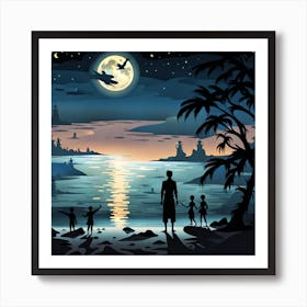 Family At The Beach At Night Art Print