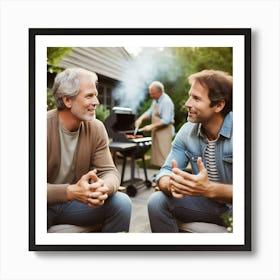 Men chatting in garden backyard with barbecue in background. Art Print