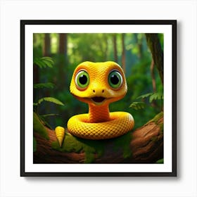 Firefly 3d, Animated, Surprised, Yellow, Baby Snake, Green Eyes, Knot, Tree Branch, Whimsical, Playf (2) Art Print