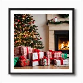 Christmas Presents In Front Of Fireplace 1 Art Print