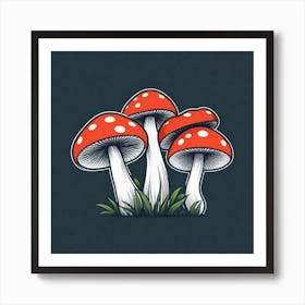 Three Mushrooms On Grass Art Print