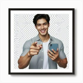 Young Man Pointing At His Phone Art Print