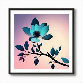 Branch With Turquoise Flower, Background Of Grade In Pastel Colors Art Print