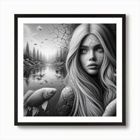 Black And White Girl With Fish Art Print