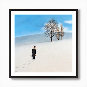 Snow Day Man In Snow With Barren Trees Art Print