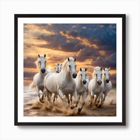 White Horses Running On The Beach At Sunset Art Print