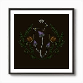 Mushroom, Moth And Snails on Black Art Print