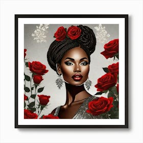 Black Woman With Red Roses 1 Art Print