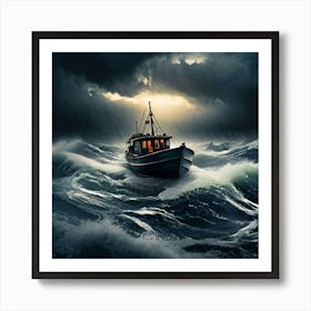 Stormy Sea, A Small Boat Braving A Stormy Sea Symbolizing Courage In Adversity 4 Art Print