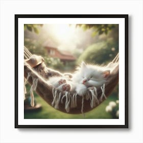 White Cat Sleeping In A Hammock Art Print