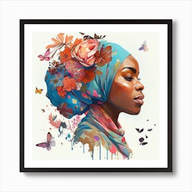 Watercolor Floral Muslim African Woman #2 Art Print