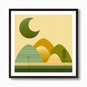 "Crescent Over Harvest Hills"  Under a textured crescent moon, rolling hills of harvest hues come to life, their curves etched with the patterns of agriculture and growth. A solitary tree stands as a sentinel amidst the waves of grain, while a symbol of wheat whispers tales of abundance. This scene is an ode to the gentle close of day, where the land rests under a watchful moon, promising renewal and tranquility. The artwork's earthy palette and stylized simplicity evoke a sense of warmth and contentment, ideal for spaces that cherish the essence of the countryside and the rhythm of nature's cycles. Art Print
