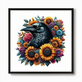 Crow And Sunflowers Art Print