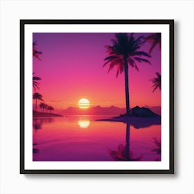 River sunset landscape with palm trees Art Print