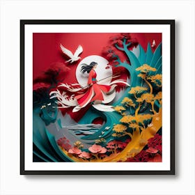 Asian Woman In Red Dress Art Print