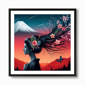 Geisha Woman With Butterfly And Cherry Blossoms Art Print