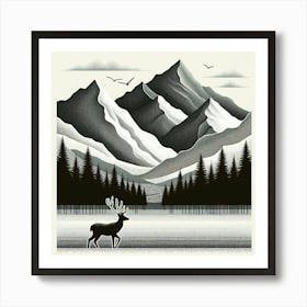 "Monochrome Wilderness"   Majestic mountains tower over a serene pine forest, with a solitary stag silhouetted against the wilderness. This piece uses a rich array of textures to bring the calmness and grandeur of the natural world to life, while birds in flight add a dynamic element to the composed landscape. It's a celebration of wildlife and untouched vistas, rendered in a timeless black and white style. Art Print