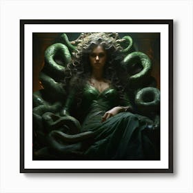 In A Painterly Tableau Medusa Reclines On A Throne Of Snakes Her Alabaster Skin And Emerald Eyes Art Print