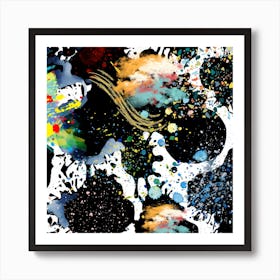 Splatter Painting- Bright colorful watercolor splash splatter stain brush strokes on white background. Modern vibrant aquarelle spot. Rainbow trendy isolated design on white. Element. Vector watercolor black art. Art Print