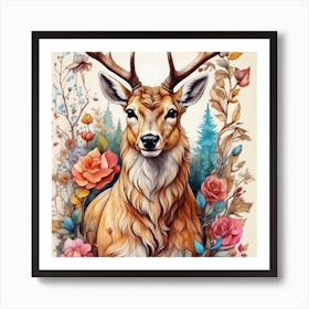 Deer With Roses Art Print