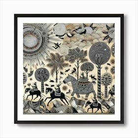 Woods and animals painting Art Print