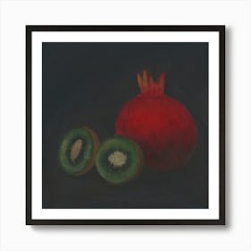 Kiwis And Pomegranate - still life kitchen square red dark food Art Print