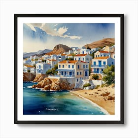 Greece Town.Summer on a Greek island. Sea. Sand beach. White houses. Blue roofs. The beauty of the place. Watercolor. Art Print
