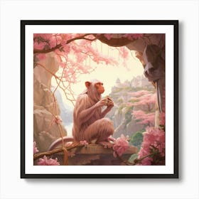 Macaque 2 Pink Jungle Animal Portrait Art Print