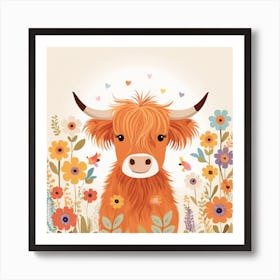 Floral Baby Highland Cow Nursery Illustration (12) Art Print