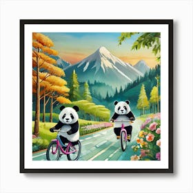 Panda Bears On Bicycles 1 Art Print