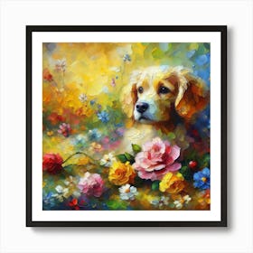 Golden Retriever In Flowers Poster