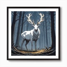 A White Stag In A Fog Forest In Minimalist Style Square Composition 8 Art Print