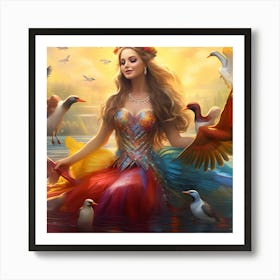 Mermaid And Birds Art Print