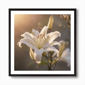 A Blooming Lily Blossom Tree With Petals Gently Falling In The Breeze Art Print